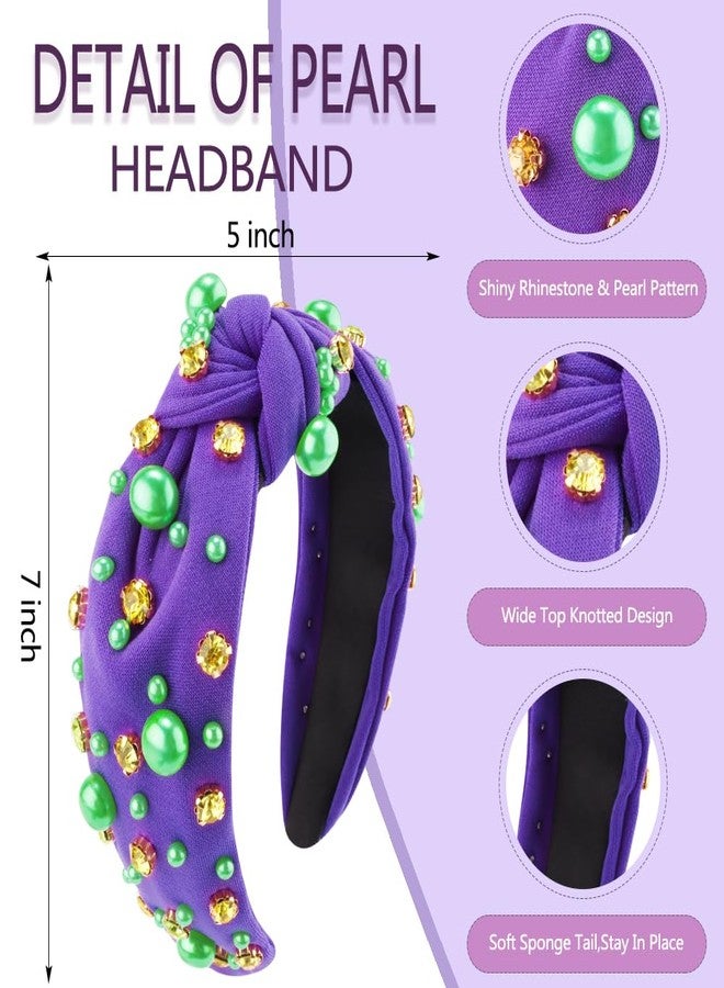 AHONEY Mardi Gras Headband for Women Girls Purple Green Gold Pearl Rhinestone Jeweled Knotted Cloth Hairband Carnival Wide Knot Head Band Mardi Gras Outfit for Women's Hair Accessories - Image 4